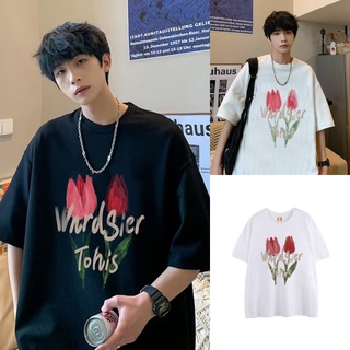 🔥พร้อมส่ง M-5XL🔥เสื้อยืดคอกลมผู้ชายoversize ลายดอกไม้ เสื้อพิมพ์ลาย ทรงหลวม ครึ่งแขน เสื้อยืดเกาหลีผู้ชาย สวมใส่สบาย