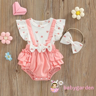 Babygarden- ชุดรอมเปอร์ แขนเสื้อเชิ้ต ลายหัวใจ สีชมพู และโบว์ผูกผม สําหรับเด็กผู้หญิง