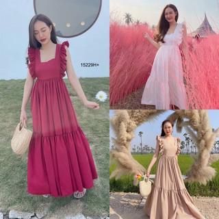 SS15229 Maxi Dresss แม็กซี่เดรส ไหล่ระบาย ผูกโบว์หลัง