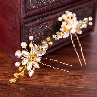 2 PCS Gold Flower Leaf U shape Crystal Rhinestone Pearl Clip Vintage Pins