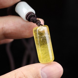จี้พร้อมสร้อยเชือก พลอยไหมทอง(Rutile Quartz) ทรงกระบอก เกรดพรีเมี่ยม เนื้อใส ไหมแน่น สีทองสวย พลอยแท้ จากประเทศบราซิล