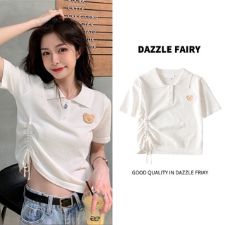 พร้อมส่ง เสื้อยืดแขนสั้น คอปกโปโล ลายหมี สีขาว สําหรับผู้หญิง JL-TX-266