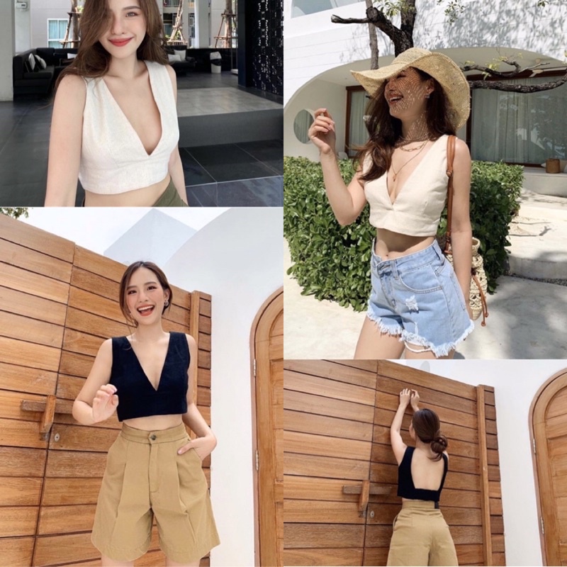 VZap Top🤍 เสื้อสายเดี่ยววีหน้าผ้าลินิน🔥พร้อมส่ง