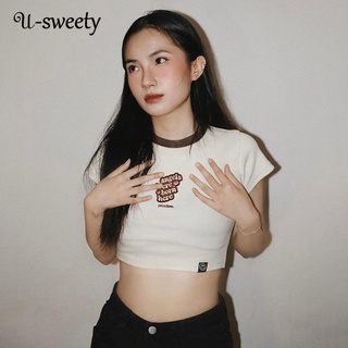 U-sweety เสื้อยืดลําลอง คอกลม แขนสั้น เข้ารูป สีพื้น เข้ากับทุกการแต่งกาย สําหรับสตรี