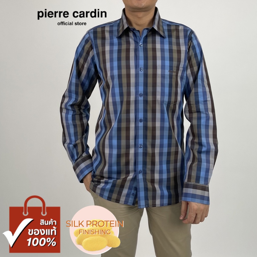 Pierre Cardin เสื้อเชิ้ตแขนยาว Silk Protein Finishing Slim Fit รุ่นมีกระเป๋า ผ้า Cotton 100% [RCC797F-BR]