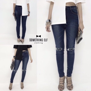 Jeans สกินนี่เอวสูง แต่งขาดเข่าทั้งสองข้าง ( แบบมีผ้าปะอยู่ด้านใน )