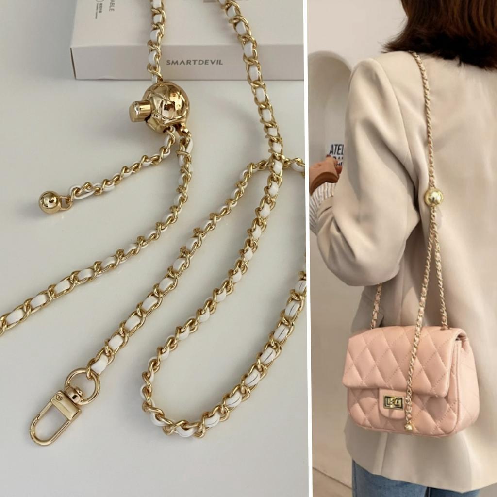 สายกระเป๋า  อุปกรณ์เสริมสำหรับกระเป๋า สายรัดด้านข้าง PU Leather Chain Shoulder ลูกโลกทองคำขนาดเล็กสายคล้องกระเป๋าปรับได้หลายสี