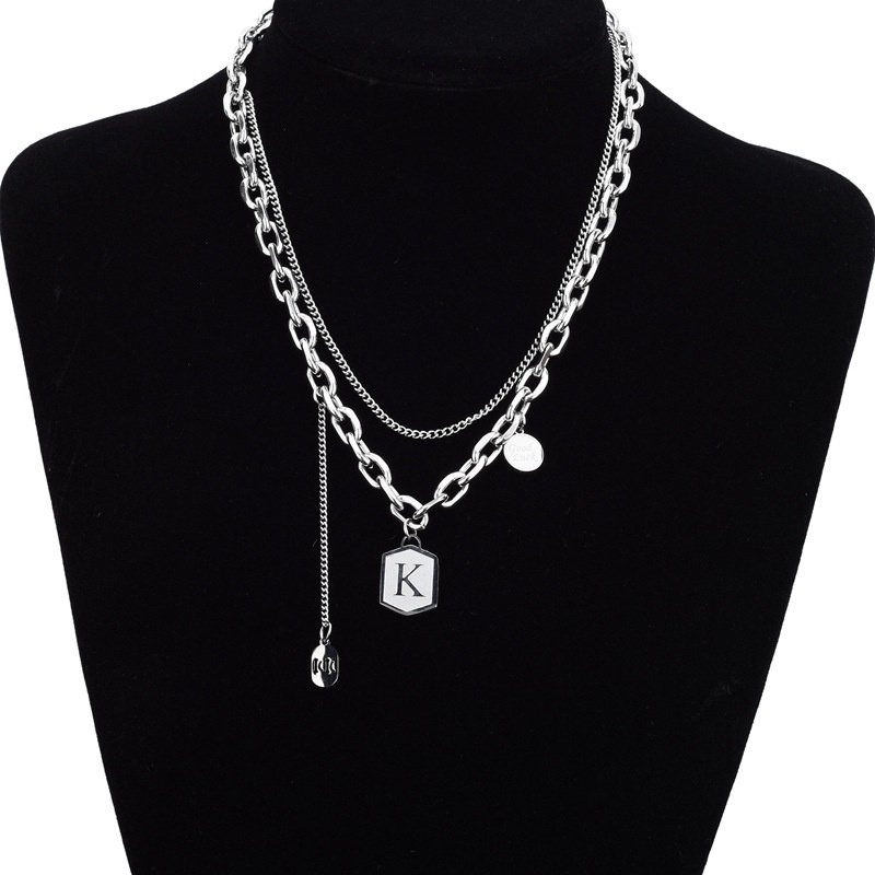 Double layered "K" จี้สร้อยคอ 41 + 5 ซม.Choker สแตนเลสไม่ซีดจางเครื่องประดับสําหรับผู้หญิงผู้ชาย