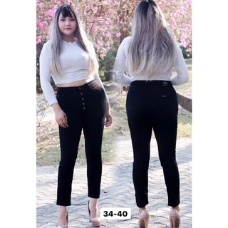 กางเกงยีนส์ผู้หญิง เอวสูง ทรงเดฟยืด ทรงบอยสลิม สีดำ ไซส์ S-38