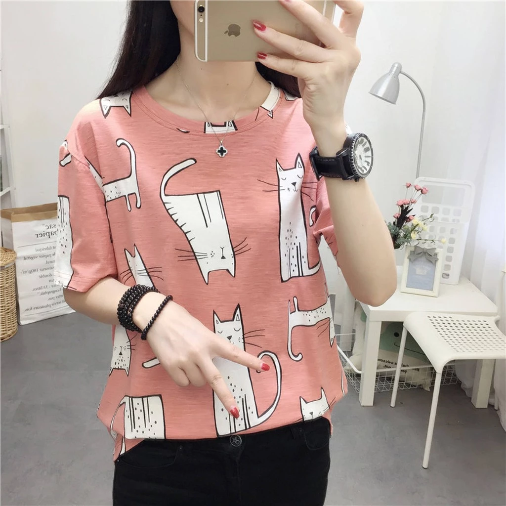 เสื้อยืดสตรีแขนสั้นคอกลม ลายดอกไม้ ลายขวาง
