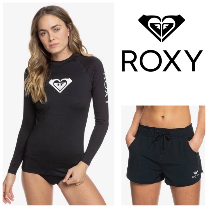 แท้ 💯% Used Once Roxy Swimwear Set (size S) เสื้อ กางเกงว่ายน้ำเข้าชุด กัน UV สีดำ ลาย Signature ป้ายอยู่ครบ