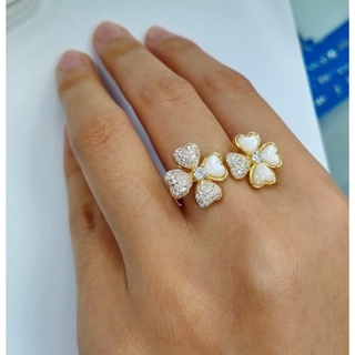 925 Sterling Silver Double Flower Mother of Pearls with Cubic Zirconia Ringแหวนทองชุบประดับดอกไม้ทั้งสองข้าง