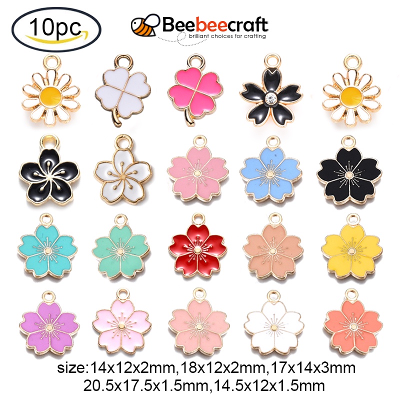 Beebeecraft 10pcs Alloy Enamel Pendants Sakura Flower/Clover Light Gold for Jewelry Making