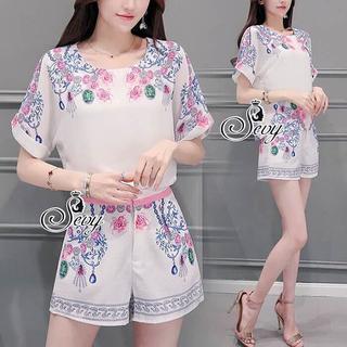 Sevy Two Pieces Of Sweet Flora Blouse With Shorts Sets