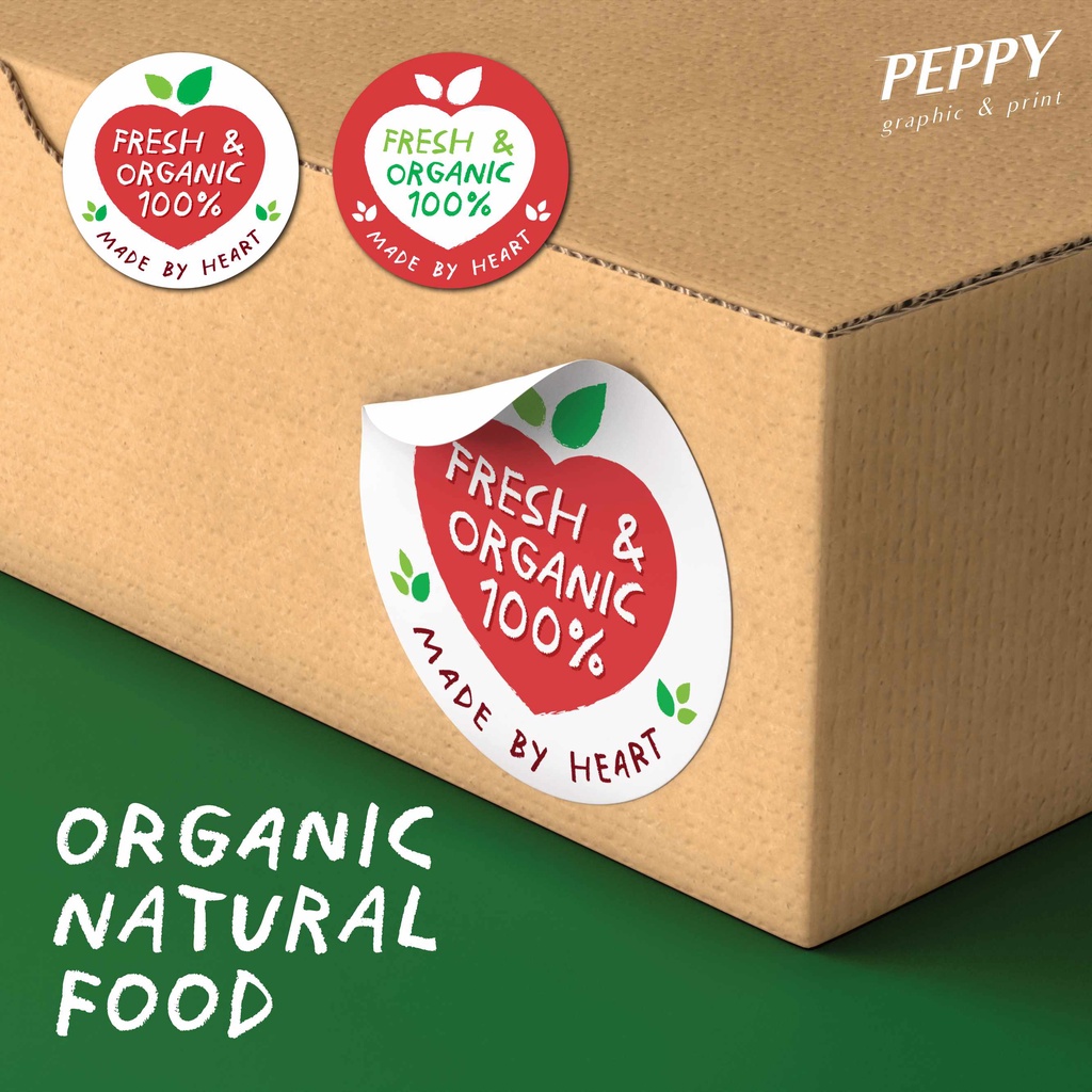 20 แถม 1 สติ๊กเกอร์สำหรับอาหารหรือสินค้าออร์แกนิค made by heart fresh & organic 100%