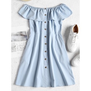 เดรสปาดไหล่ งานป้าย ZAFUL Off Shoulder Button Up Mini Dress ไซส์ S