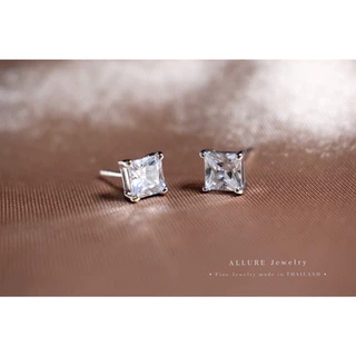 ต่างหูเพชร เงินแท้ 925 ชุบเคลือบทองคำขาว ประดับเพชร Square CZ Swiss Diamond - Allure Jewelry