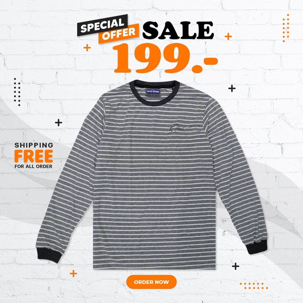 เสื้อยืดแขนยาว ลายริ้วสีเทา Minimal Muji