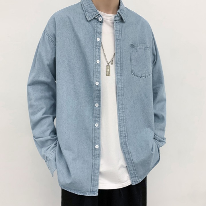 【M-4XL】เสื้อเชิ้ตยีนส์แขนยาว，เสื้อเชิ้ตแฟชั่นผู้ชายสไตล์ฮ่องกง