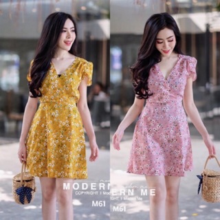 Dress เดรสแขนบัวทรงไขว้หน้าลายดอก มีซับในทั้งตัว แฟชั่นเกาหลี