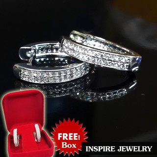 INSPIRE JEWELRY ต่างหู ฝังเพชรCZ 2แถวแนวยาว ขาห่วงล็อค White gold plated ต่างหูเกรดพรีเมี่ยมงานจิวเวลลี่ ขนาดสูง 2.5cm