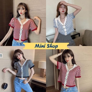 Mini 🌸พร้อมส่ง🌸เสื้อไหพรมคอปกกนะดุมหน้า ลายหยักเก๋ (6755-1)