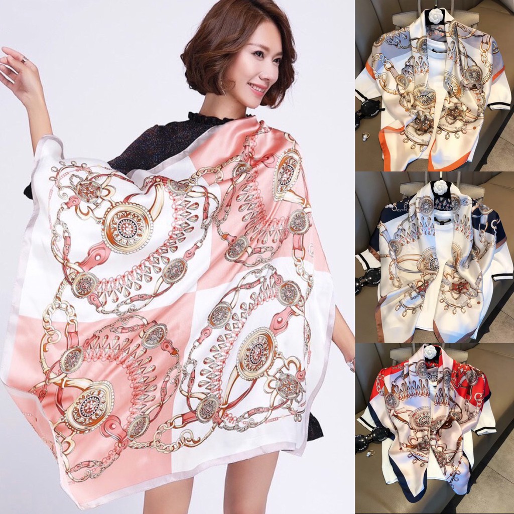 ผ้าพันคอผ้าซาติน คลุมไหล่ มัดอก ไหมซาติน ขนาด 90*90ซม ราคาสุดคุ้ม สินค้าพร้อมส่งในไทย