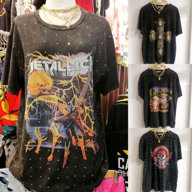เสื้อยืดผ้าฟอก ติดหมุดเพชร อก42" ลายวง/น่ารัก Metallica Nirvana