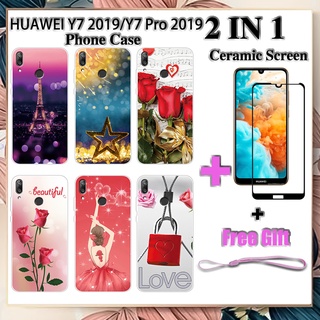 2 IN 1 HUAWEI Y7 2019 Y7 Pro 2019 เคสโทรศัพท์ พร้อมกระจกนิรภัยกันรอยเซรามิก หน้าจอโค้ง ฟิล์มนิรภัย โรแมนติก