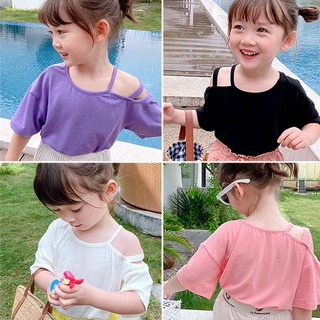 ❀Qinzi เสือดาว❀พร้อมส่ง เสื้อยืดแขนสั้น เปิดไหล่ แฟชั่นฤดูร้อน สําหรับเด็กผู้หญิง 2022