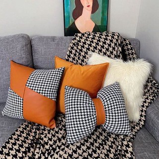 Nordic modern light luxury pillow combination velvet houndstooth stitching pillow orange black and white sofa cushion pi