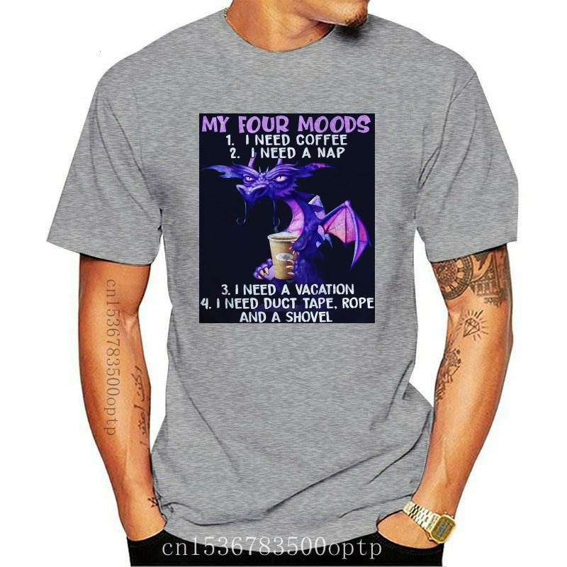แขนสั้นcrew neckเสื้อยืดลําลอง แขนสั้น พิมพ์ลาย My Four Moods I Need Coffee I Need A Nap Dragon เข้า