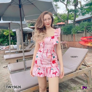 👗Pfashion [ส่งไว!!🚛] P15626 เดรสสั้นสายไหล่ระบาย ผูกโบว์หลังพิมลายดอกไม้