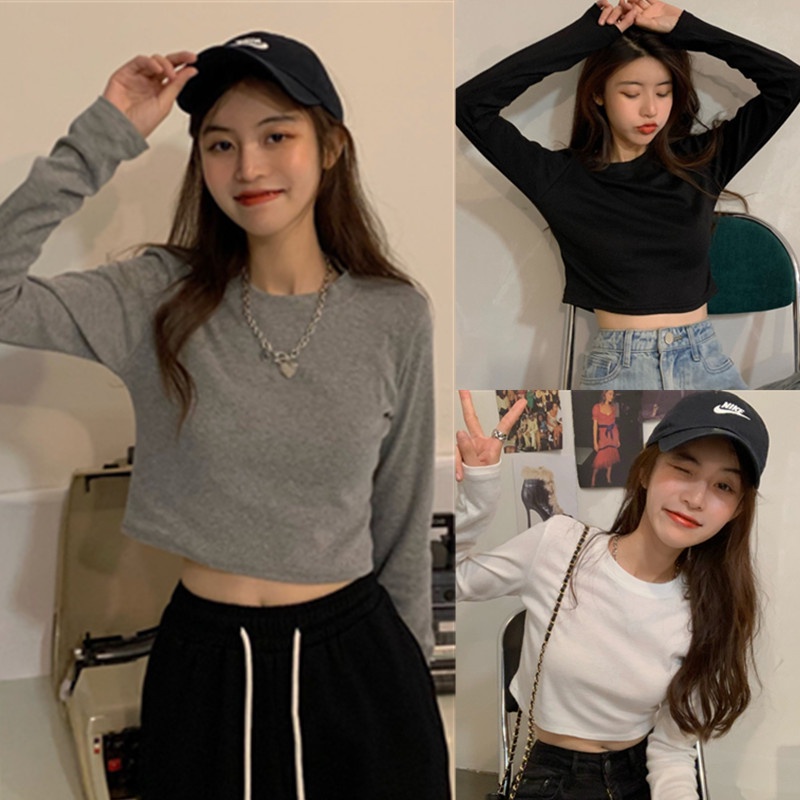 【WJZ】เสื้อยืดแขนยาวแฟชั่นสตรีสไตล์เกาหลีคอกลมสีทึบ【6858】