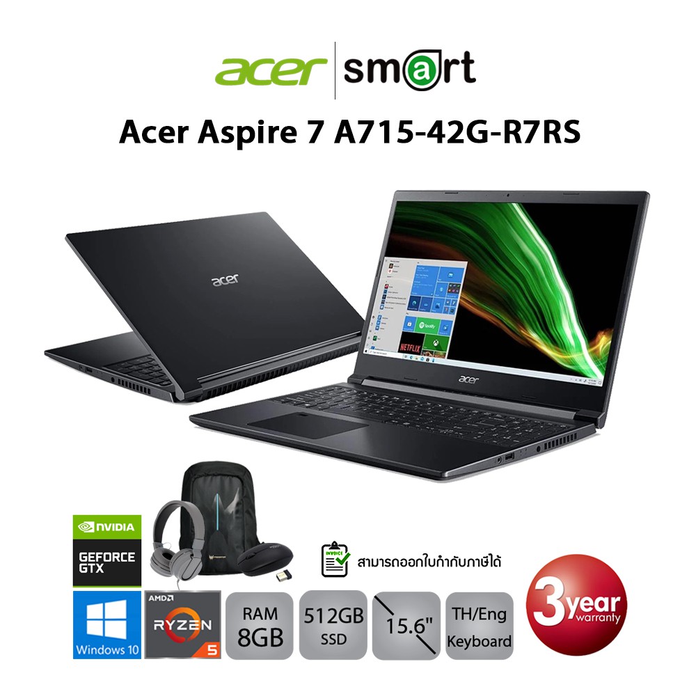 [ลด 259.-โค้ด SMARTO259] Acer Aspire 7 A715-42G-R7RS Ryzen 5 5500U/GTX1650/8GB/512GB/15.6/Win10 (Bla