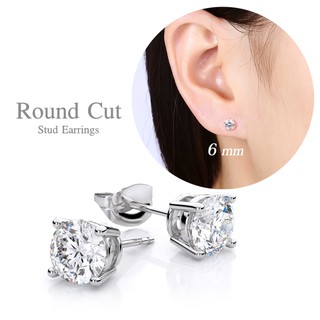 Proud ต่างหูเพชร CZ Diamond ทรงกลม (Round Cut) ชูหนามเตยขนาด 6 มิล