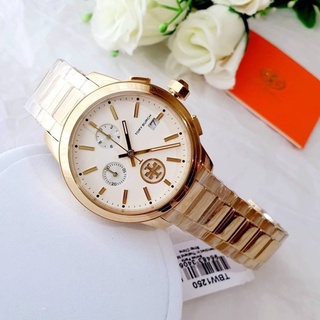 🎀 (สด-ผ่อน) นาฬิกาสีทอง กล่องแบรนด์ TBW1250 TORY BURCH COLLINS WATCH, GOLD-TONE STAINLESS CHRONOGRAPH ขนาด 38 mm