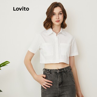 Lovito เสื้อครอปลําลอง มีกระเป๋าเสื้อ สีพื้น L24AD028 (สีขาว)