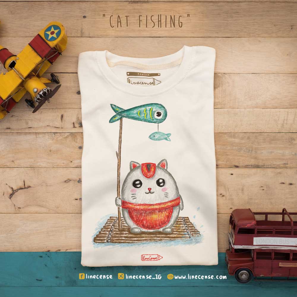 Fisher Cat T-shirt เสื้อยืดแมวนักตกปลา สีขาวออฟไวท์