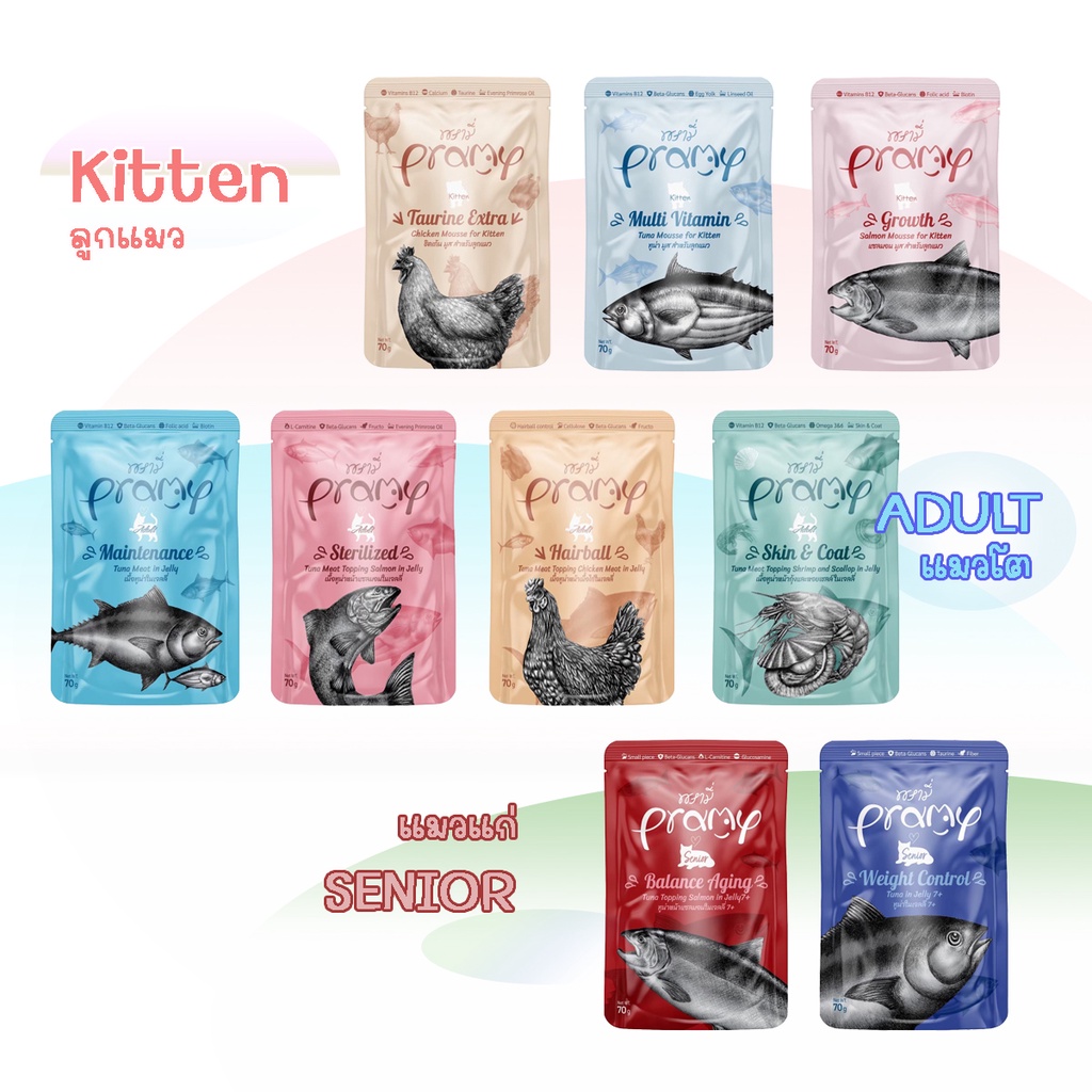 Pramy Premium Cat Pouch  พรามี่ อาหารเปียกเกรดพรีเมี่ยม สำหรับแมวซอง 70g ( 12 ซอง)