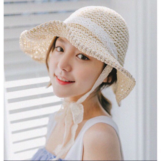 (ภาพจริง) หมวกชายหาดฟางนุ่มลูกไม้วินเทจ (แม่และเด็ก) (พับได้) VIP65XP N208N