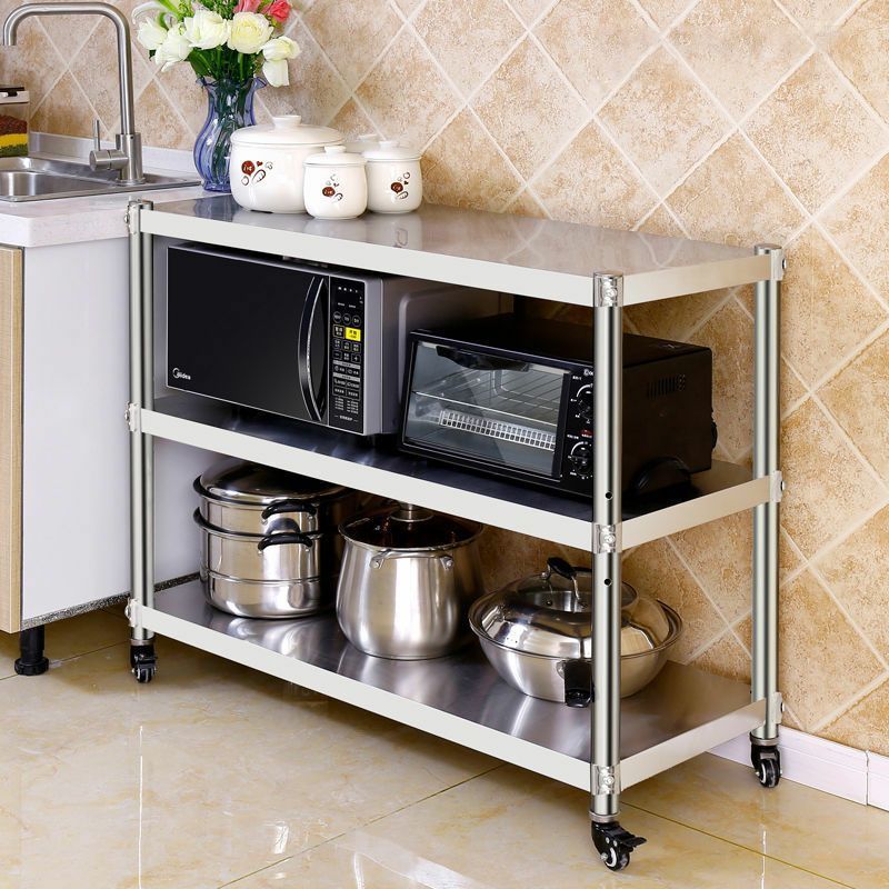 Thickened Stainless Steel Kitchen Rack with Wheels Household Microwave ...
