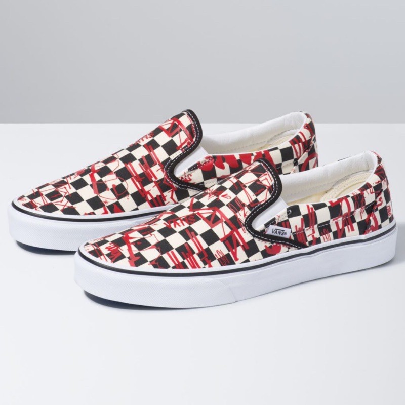 red and white slip ons