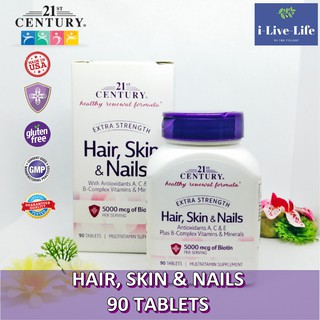 วิตามินรวม บำรุงผม ผิว และเล็บ Hair Skin &amp; Nails Extra Strength 90 Tablets - 21st Century สารต้านอนุมูลอิสระ