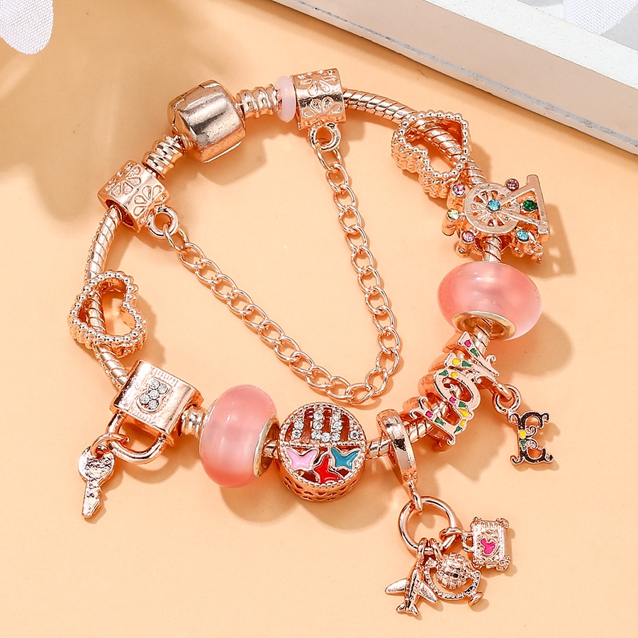 Dinglly โรสโกลด์ เครื่องบิน และกระเป๋าเดินทาง จี้ผีเสื้อ รัก ลูกปัด หัวใจ ล็อค & พวงกุญแจ จี้ สร้อยข้อมือ สําหรับผู้หญิง กําไลข้อมือคริสตัล สีชมพู