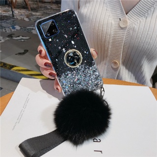 เคสโทรศัพท์ Samsung Galaxy M32 A22 5G M12 M02 A42 A12 A02 A32 A52 A72 Phone Case Rhinestone Ring Holder Strap Fur Ball Clear Star TPU Softcase เคสซัมซุงA22