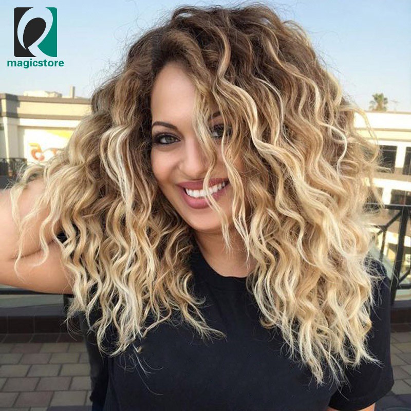 Women Blonde Short Curly Wig Synthetic Curly Wavy Hair Heat