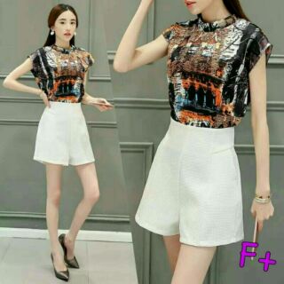 SET 2 ชิ้น เสื้อชีฟองสกรีนลายกราฟฟิกสวยๆ
