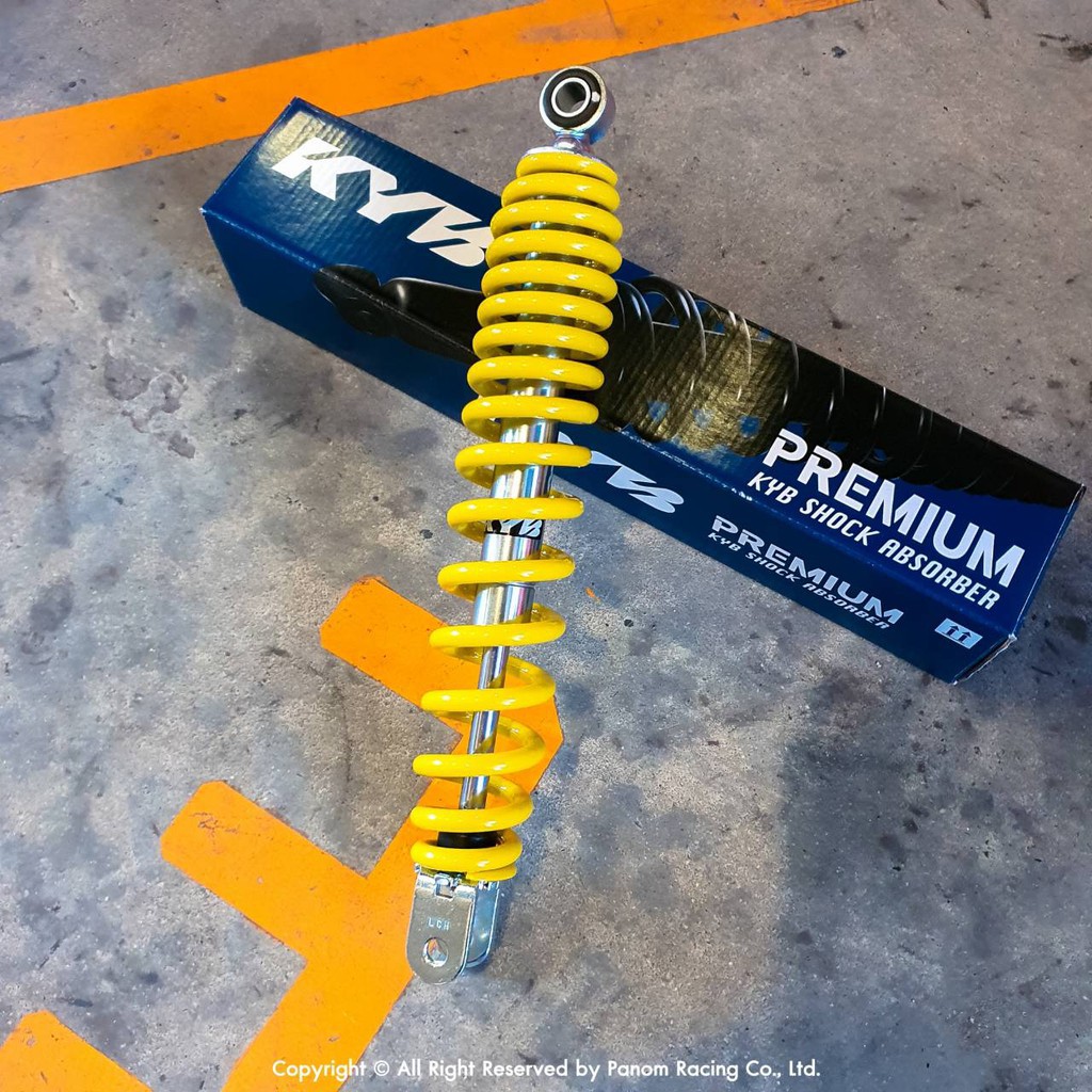 โช้คหลัง (KYB) MIO,FINO,GRAND FILANO,LEAD,BEAT FI,SUZUKI SKYDRIVE(สูง318mm.) สีเหลือง รหัสสินค้า : S
