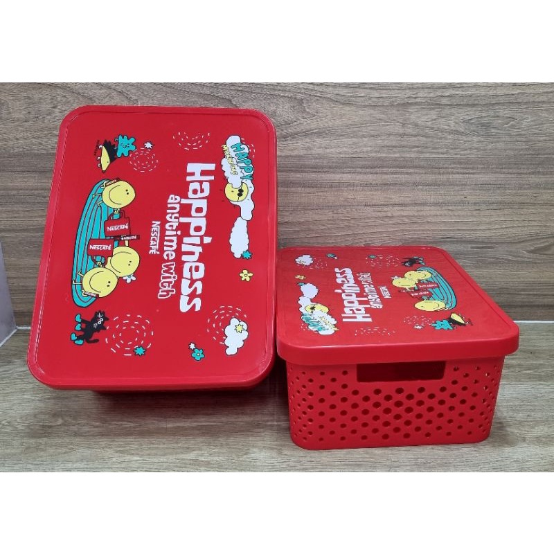 กล่องเก็บของHAPPINESS สีแดงพร้อมฝาปิด